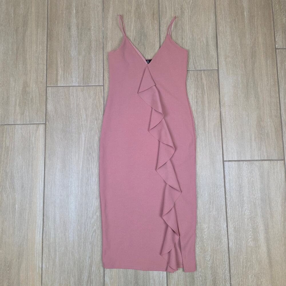 Missguided Midi Dress Womens 2 Pink Ruffle Strappy Bodycon Party Cocktail
